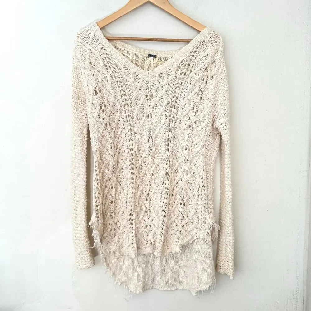 Free People Open Knit Cream Sweater‎ Size XS Boho High Low Lightweight Festival
